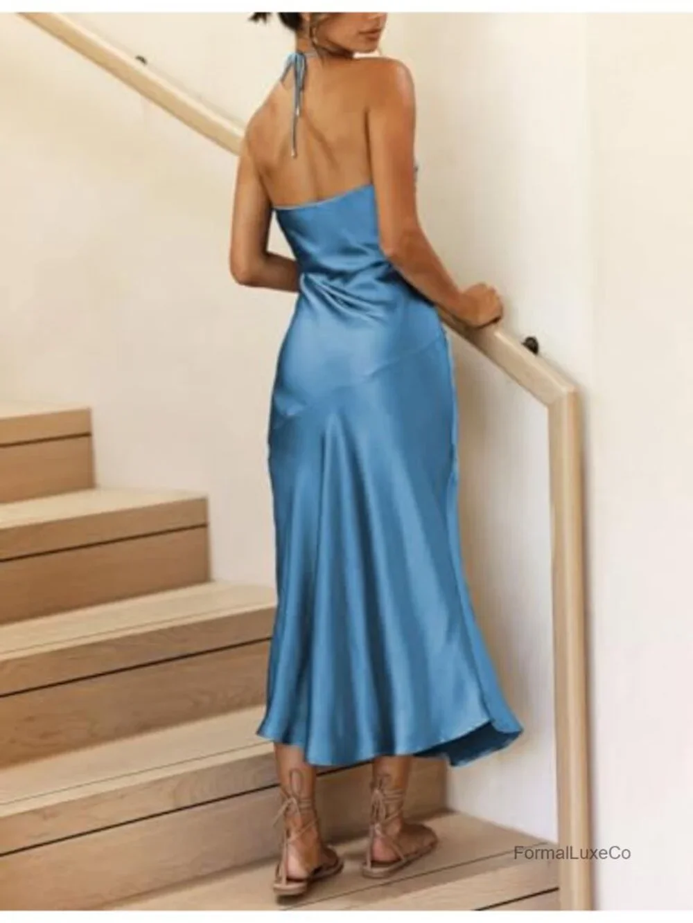 Satin Halter Midi Dress with Slit and Ruched Wrap